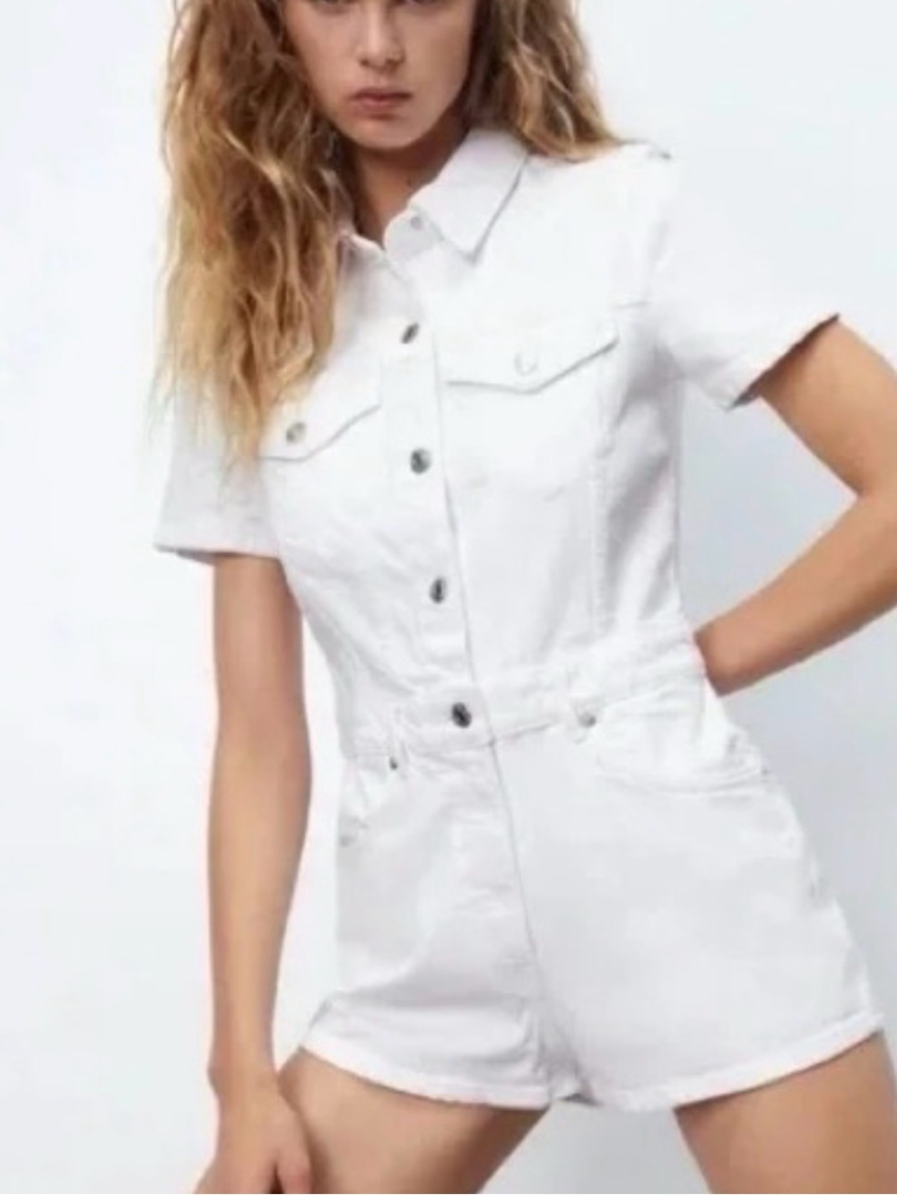 Zara Womens Denim Button Down Short Sleeves Romper White Cotton Size Medium 3002